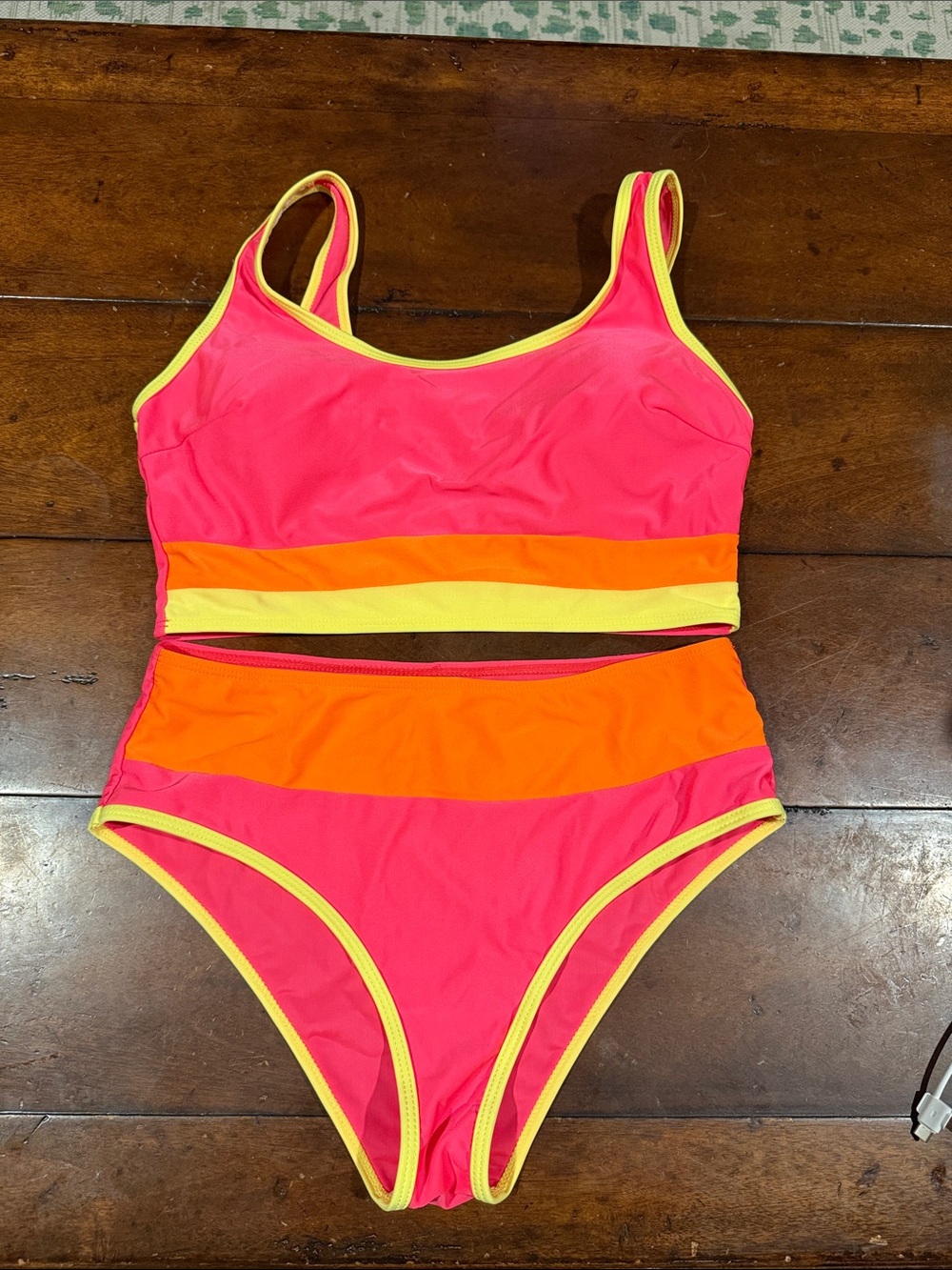 SHEIN Neon Pink Orange Yellow Colorblock High-Waist Bikini